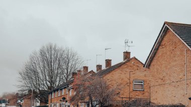 Yerleşim bölgesinde bulutlu bir gökyüzüne karşı çıplak ağaçlı tuğladan evler yer alıyor.