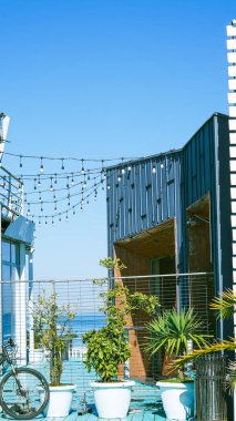 Arka planda okyanus bulunan saksı bitkilerinin ve sicim ışıklarının bulunduğu çağdaş veranda alanı