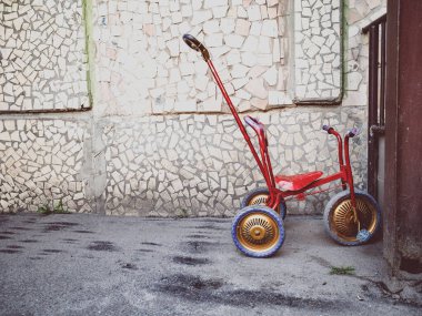 an old tricycle stands in a corner in the backyard