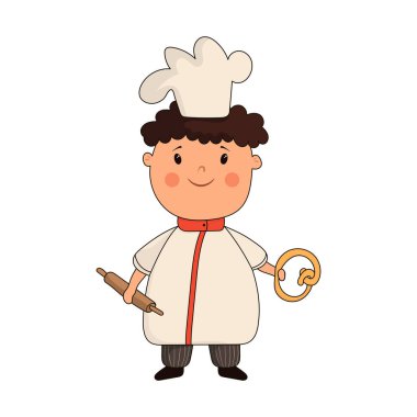 Beyaz arka planda izole edilmiş bir çocuk aşçı illüstrasyonu.