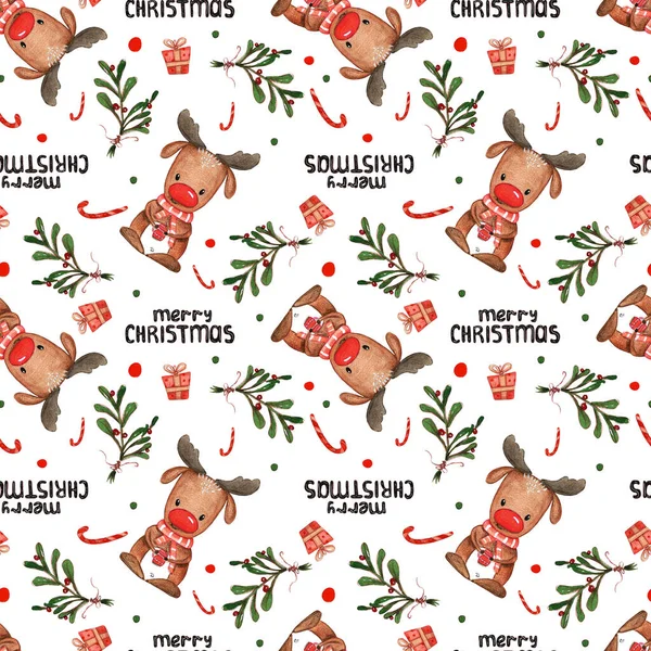 Aquarell Nahtloses Muster Mit Weihnachtlichen Illustrationen Niedliche Und Lustige Zeichentrickfiguren — Stockfoto