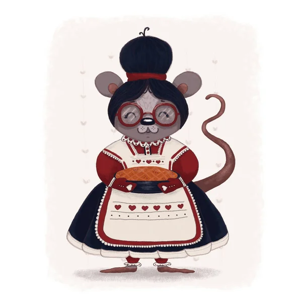 Cute Grandmother mouse with apple pie