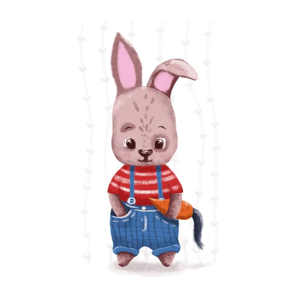 穿着红T恤和胡萝卜蓝色短裤的可爱兔子 — 图库照片