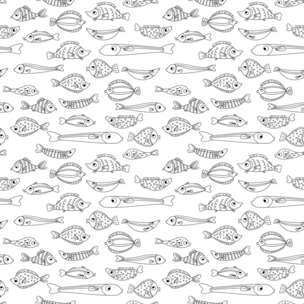 熱帯かわいいドアエキゾチックな魚の輪郭のシームレスなパターン 白地に切り取られたベクターストックイラストクリップ — ストックベクタ