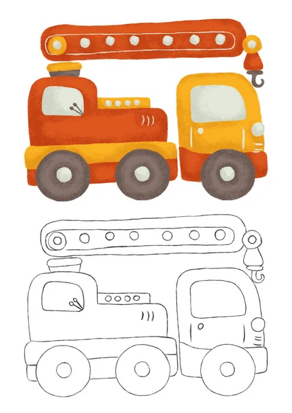 Caricatura Niños Grúa Esquema Camiones Máquina Construcción Página Para Colorear — Foto de Stock