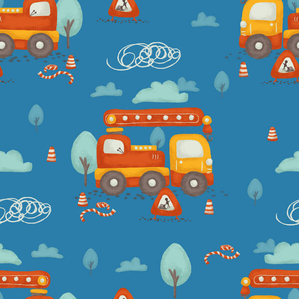 Seamless pattern of cartoon cute composition: construction vehicles with tree, sky, concrete mixer, crushed stone, concrete wall, building sign etc for kids. Perfect for your own design