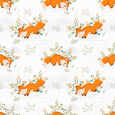 Şirin tilki illüstrasyonunun kusursuz deseni. Çizgi film tilkisi kendi tasarımın için mükemmel. Tekstil, ambalaj kağıdı, kumaş, parti, baskı ve benzeri şeylerde kullanılabilir.