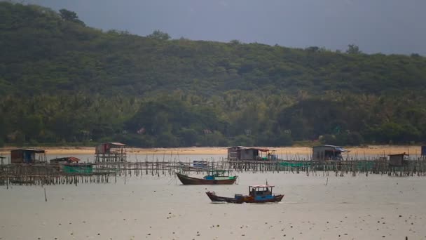 Fishing boats near fishing village — Stock Video