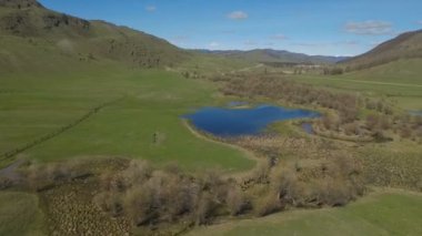 Ağaçların üzerinden dağ gölüne uçan hava