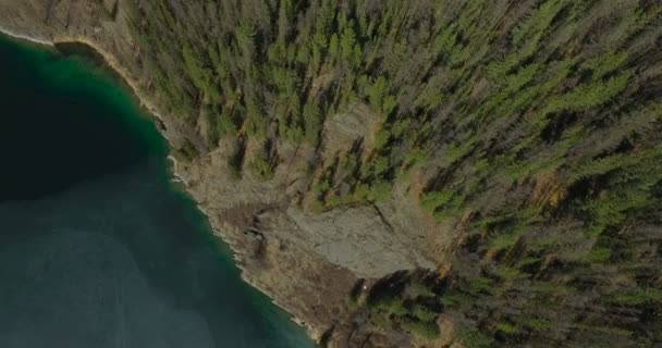 Aerial of flying over trees to mountain lake — Stock Video