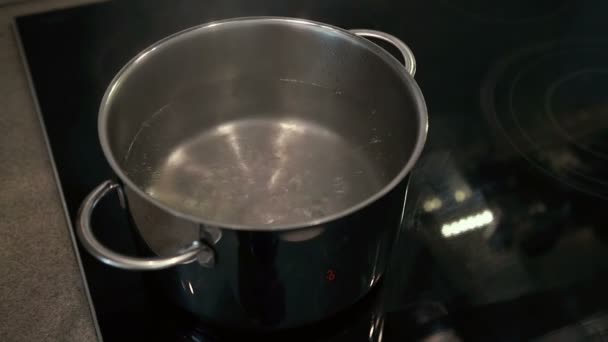Железная кастрюля с кипящей водой — стоковое видео