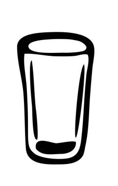 Vektör el çizilmiş karalama içecek, cam, siyah illüstrasyon, beyaz arka planda içki sembolü işareti.