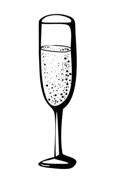 Векторные каракули ручной работы рисунок черный иллюстрация бокал шампанского, игристое вино напиток ура на белом фоне — стоковый вектор
