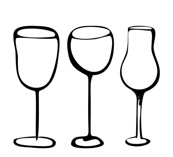 Vettore disegnato a mano doodle set bicchieri di vino illustrazione nera di bicchieri di vino bere su sfondo bianco — Vettoriale Stock
