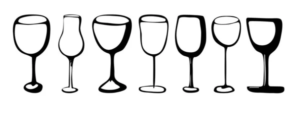 Vector handgezeichnetes Doodle Set Weingläser schwarz Abbildung von Weingläsern trinken auf weißem Hintergrund — Stockvektor