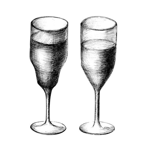 Векторный монохромный набросок с изображением двух нарисованных вручную бокалов шампанского на белом фоне. — стоковый вектор