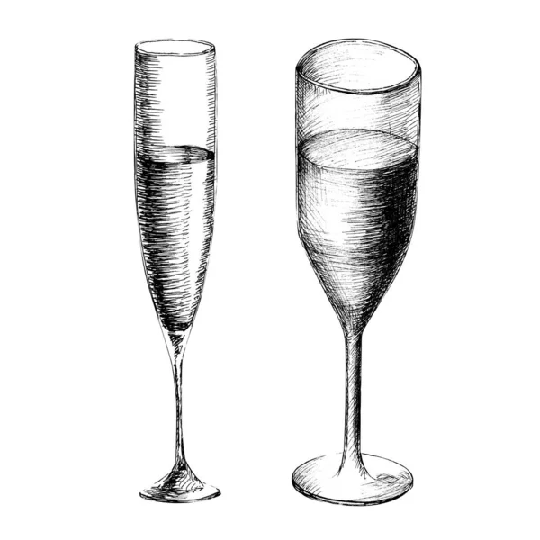 Illustrazione in stile schizzo monocromatico vettoriale di due bicchieri di champagne disegnati a mano su sfondo bianco. — Vettoriale Stock