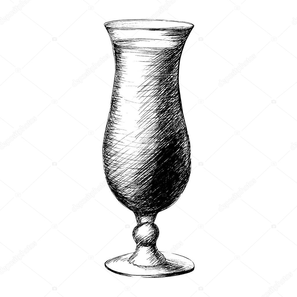 Vector monochrome sketch style illustration of hand drawn cocktail wine glass isolated on white background.