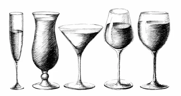 Vector monochrome set sketch style illustration of hand drawn wine glasses isolated on white background. Cocktail, wine, champagne, martini glasses — Stock Vector
