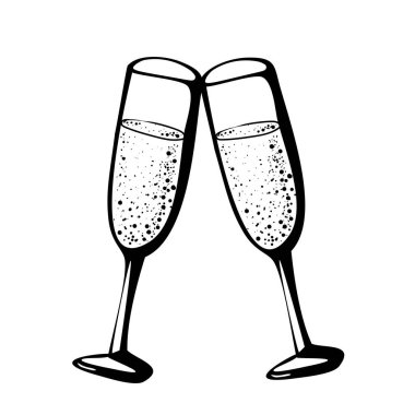 Vector doodle el çizimi iki şampanya kadehinin siyah mürekkep çizimi sevgililer günü kutlamalarına bayılıyor beyaz arka planda şerefe içiyoruz