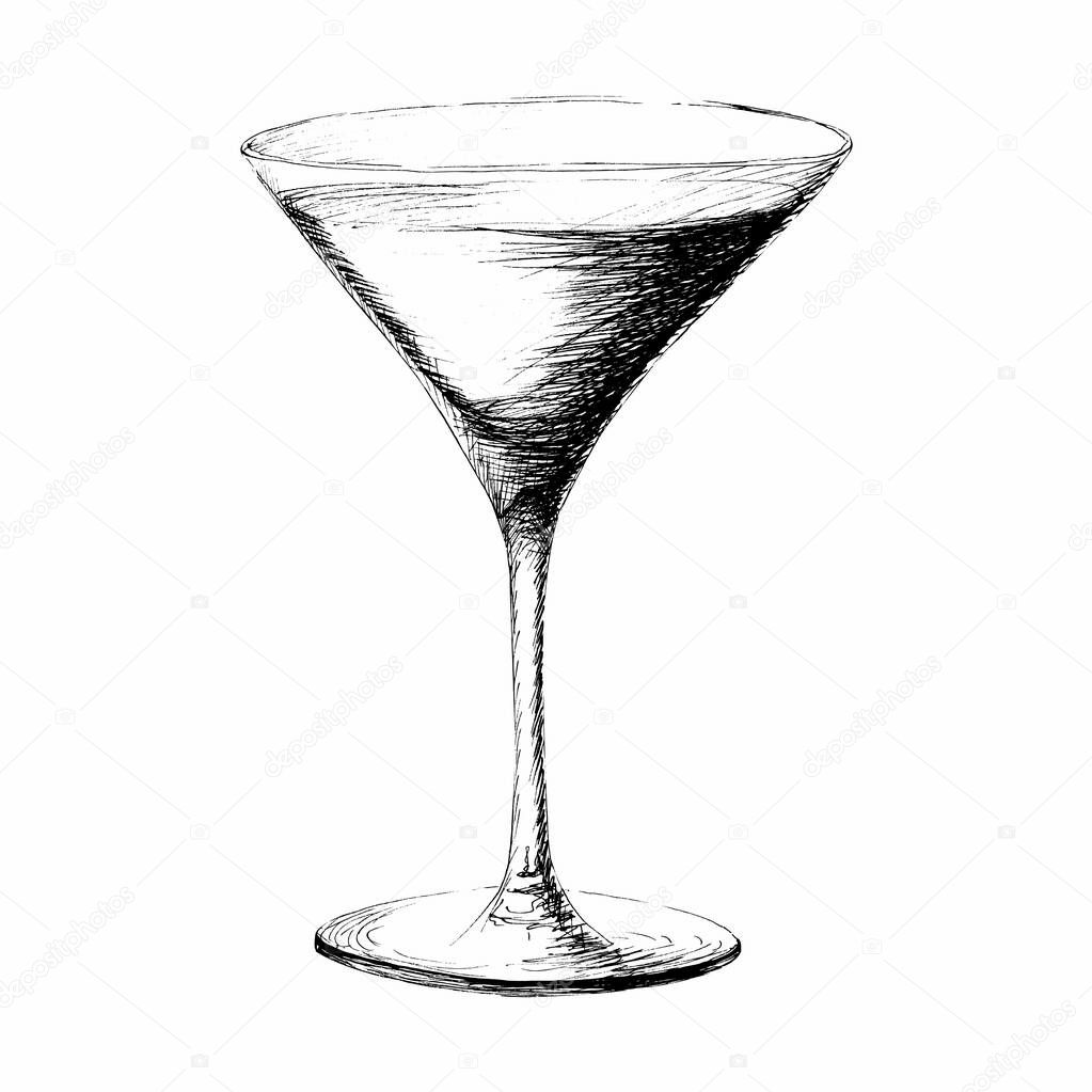 Vector monochrome hand drawn sketch style illustration of martini glass coctail wineglass isolated on white background.