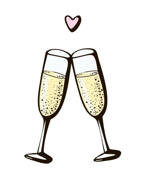 Vector doodle hand getekend schets illustratie van twee champagne glazen paar liefde drankje proost op witte achtergrond. Valentijnskaart — Stockvector