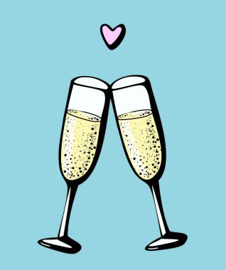 İki şampanya kadehinin vektör karalama el çizimi aşk içkisi beyaz arka planda şarap kadehlerini simgeler. Sevgililer Günü tebrik kartı, yıldönümü kutlaması