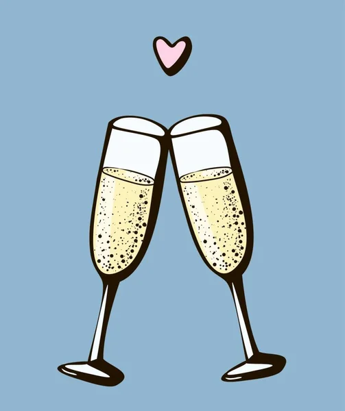 Vector Doodle handgezeichnete Illustration von zwei Sektgläsern Paar Liebe trinken Prost Symbol Weingläser Sekt auf weißem Hintergrund. Valentinstag Grußkarte, Jubiläumsfeier — Stockvektor