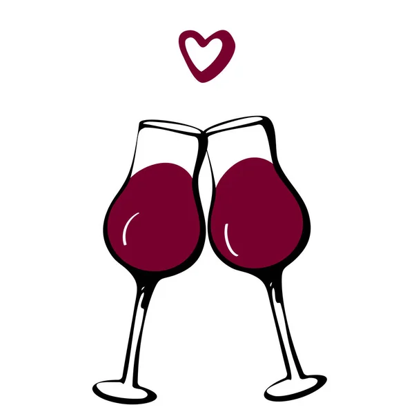 Vector doodle hand drawn sketch black and red illustration of two wine glasses couple love drink on white background. Valentines day postcard, anniversary greeting card — Stock Vector
