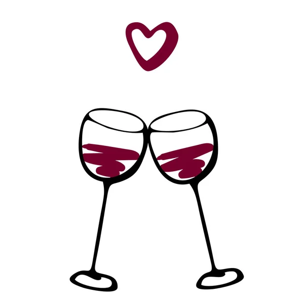 Vector doodle hand drawn sketch black and red illustration of two wine glasses couple love drink on white background. Valentines day postcard, anniversary greeting card — Stock Vector