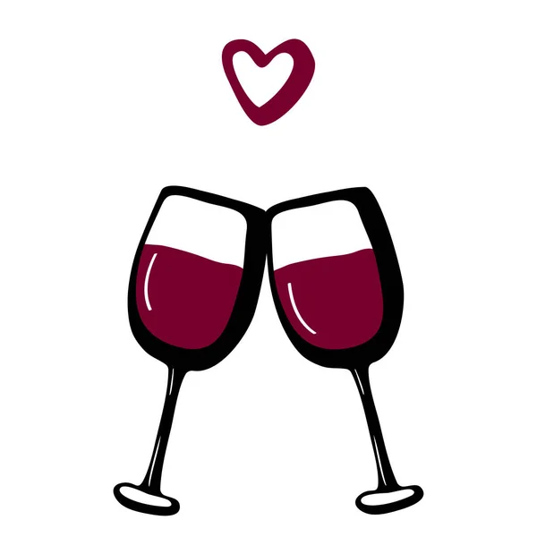 Векторные каракули нарисованы черно-красной иллюстрацией двух бокалов вина пара любит напиток на белом фоне. Открытка на день Святого Валентина, поздравительная открытка — стоковый вектор