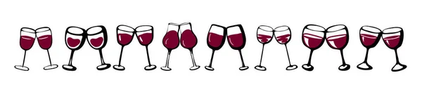 Набор бокалов для вина - ура паре коллекций зарисованных каракулей и стеклянных силуэтов. Ручной стакан с красным вином внутри, изолированный набор векторов чернил — стоковый вектор