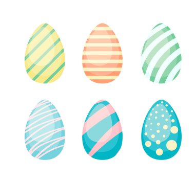 Mutlu Paskalyalar. Beyaz arka planda farklı süs dokusuna sahip bir dizi Paskalya yumurtası. Bahar tatili. Vektör İllüstrasyonu. Mutlu Paskalya yumurtaları