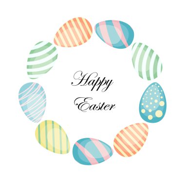 Paskalya çelengi, beyaz arka planda izole edilmiş renkli Paskalya yumurtaları çizmiş. Paskalya yumurtalarından yapılmış dekoratif karalama çerçevesi. Süslü Paskalya yumurtaları dairesel şekildedir. Vektör çemberi gösterimi