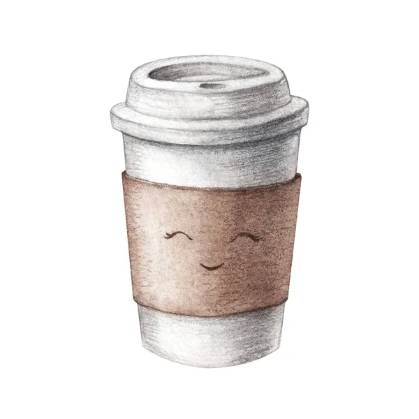 Aquarelle dessinée à la main papier carton tasse de café mignon, à emporter, isolé sur fond blanc. Illustration alimentaire, café à emporter — Photo