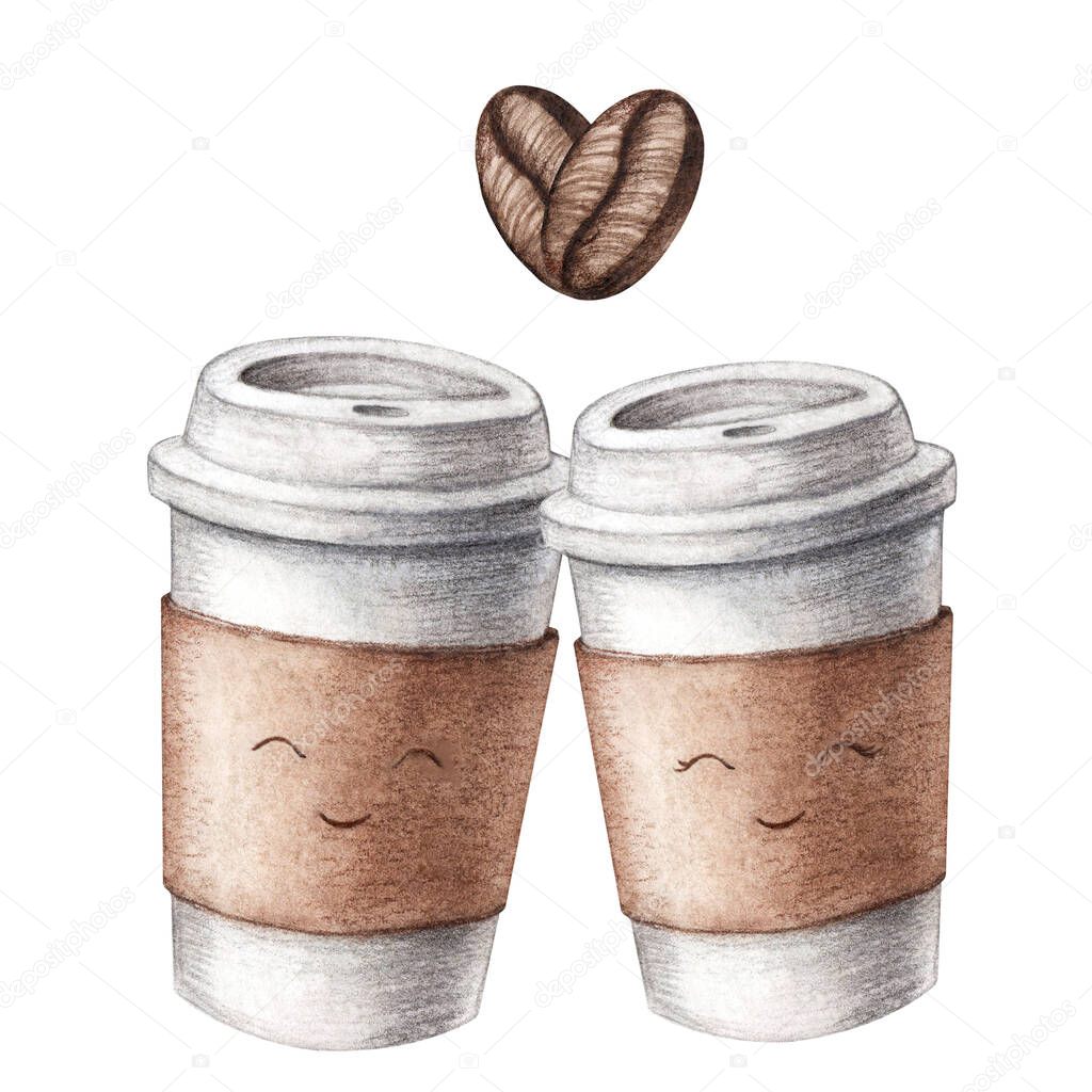 Hand drawn two watercolor cardboard paper cute couple coffee cups love, take away, isolated on white background. Food relationship illustration, coffee to go. Watercolor painting