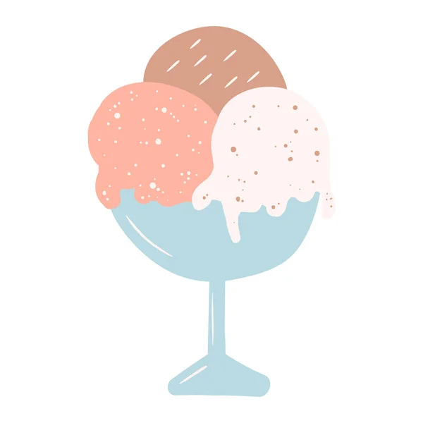 Handgezeichnet Vektor Doodle Illustration drei Eiskugeln braune, rosa und weiße Farbe mit Streusel auf der Oberseite in Schüssel isoliert auf weißem Hintergrund. Pastell mit Schokoladen-, Erdbeer- und Vanillearomen — Stockvektor