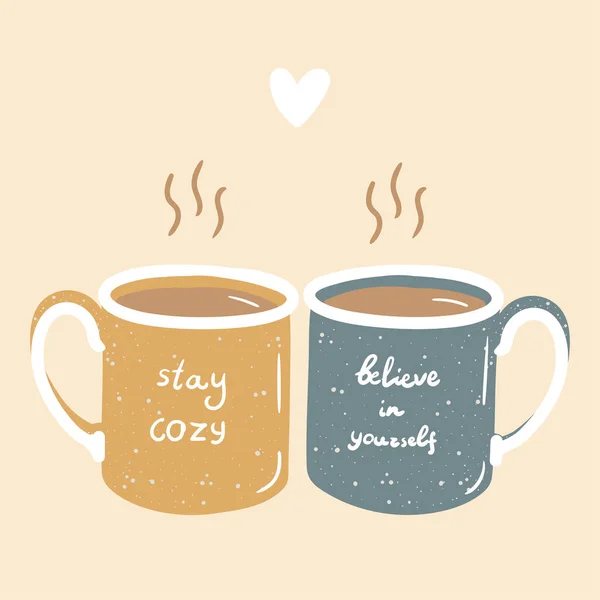 Two hygge love couple heart cups of hot tea or coffee in yellow and blue colors doodle vector hand drawn flat cartoon style illustration — 스톡 벡터