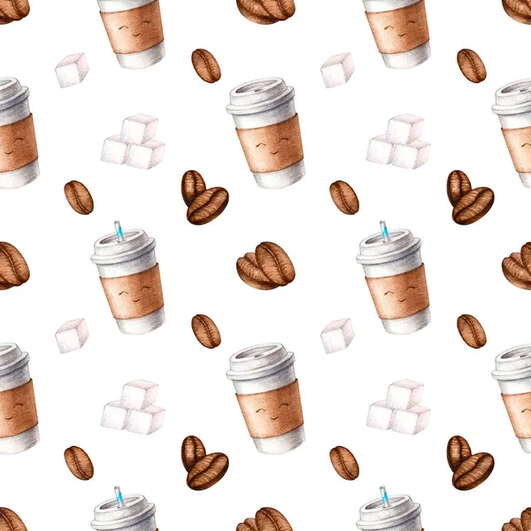 Suluboya elle çizilmiş kusursuz desenli kahve fincanı örneği. Suluboya kahve çekirdekleri, beyaz arka planda izole edilmiş şeker küpleri. Menü tasarımı ve kumaş tekstili için arkaplan iç — Stok fotoğraf