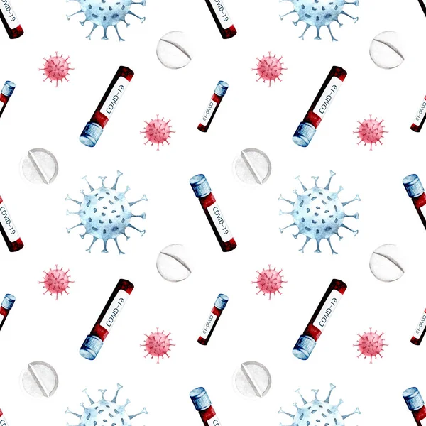 Akvarell handritade coronavirus medicinska leveranser sömlös mönster. Akvarell sjukvård bakgrund med droger, desinfektionsmedel, piller, covid-19 vaccin och tester på vit bakgrund. — Stockfoto