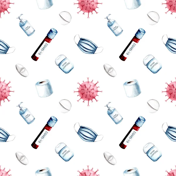 Akvarell handritade coronavirus medicinska leveranser sömlös mönster. Akvarell sjukvård bakgrund med medicinska masker, desinfektionsmedel, piller, covid-19 vaccin på vit bakgrund. — Stockfoto
