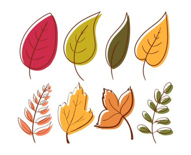 Beyaz arka planda renkli yapraklar çizilmiş. Vektör botanik çizimi. El çizimi bitkisel elementler. İlkbahar ve yaz bitki vektörü çizgi sanatı veya ana hatlar tarzında. 