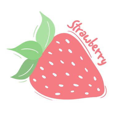 El çizimi pembe çilek karalaması, beyaz arka planda izole bırakılmış harflerle. Çıkartma ve menü posterleri için sulu yaz meyveleri. Vektör düz resimleme