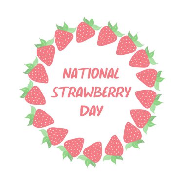Beyaz arka planda izole edilmiş vektör düz karalama çilek yuvarlak çerçeve. Ulusal Çilek Günü - 27 Şubat - harf metni. Uzayı kopyala Davetiye, kart, yaz reklamı için şablon
