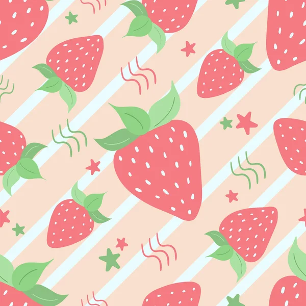 Hand drawn pink strawberry doodle seamless pattern with lettering, stripes, leaves,stars isolated on yellow background. Summer berries for the design of stickers, menu posters.Vector flat illustration — Stock Vector