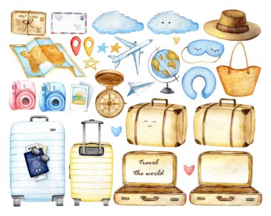 Uçak, dünya, bavul, uyku maskesi, kamera, mektuplar, posta, tatil, harita, kartpostal, bulut içeren ikonlar. Beyaz arkaplanda suluboya el çizimi illüstrasyon günü izole edildi