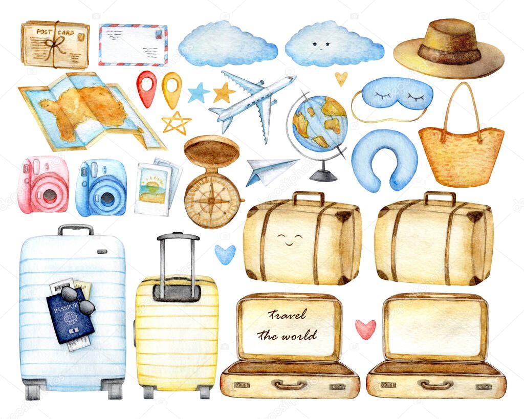 Travel set of icons with airplane, the globe, suitcase, sleep mask, camera, letters, mail, vacation, map, postcard, cloud. Watercolor hand draw illustration Tourism day isolated on white background