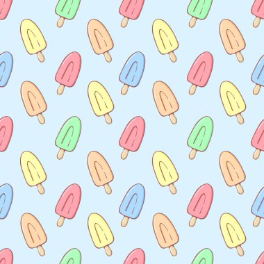 Pastel gökkuşağı dondurması kusursuz desenli vektör çizimi. Çocuklar mavi arka planda izole edilmiş güneş körü ve pastel renkte buzlu dondurmanın arka planı