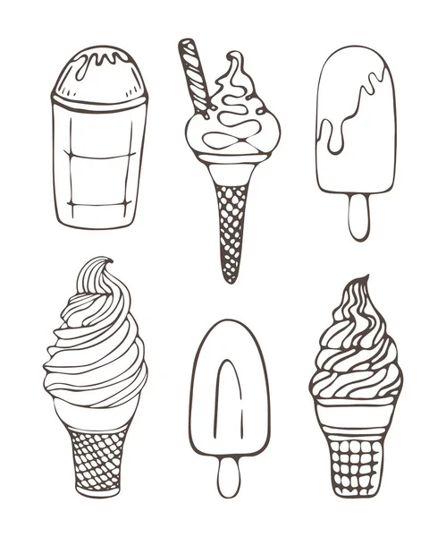 Umrissvektorillustration Set von Doodle-Eis-Symbolen isoliert auf weißem Hintergrund. Perfekt für Malbücher für Kinder und Erwachsene. Schöne kleine Ikonen. — Stockvektor