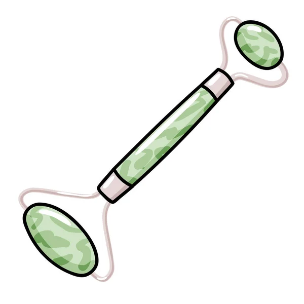 Jade μασάζ πράσινο νεφρίτη χαλαζία εικόνα κυλίνδρου, προσώπου gua sha πέτρα μασάζ, εργαλείο βελονισμού για την ανύψωση του προσώπου και αντι-γήρανσης, ρεαλιστική doodle διάνυσμα κλιπ απομονώνονται σε λευκό — Διανυσματικό Αρχείο